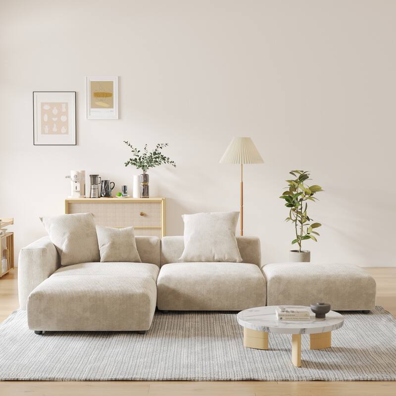 L-shaped Modular Sectional Sofa Corduroy Upholstered Couch with Chaise Ottoman and 3 pillows