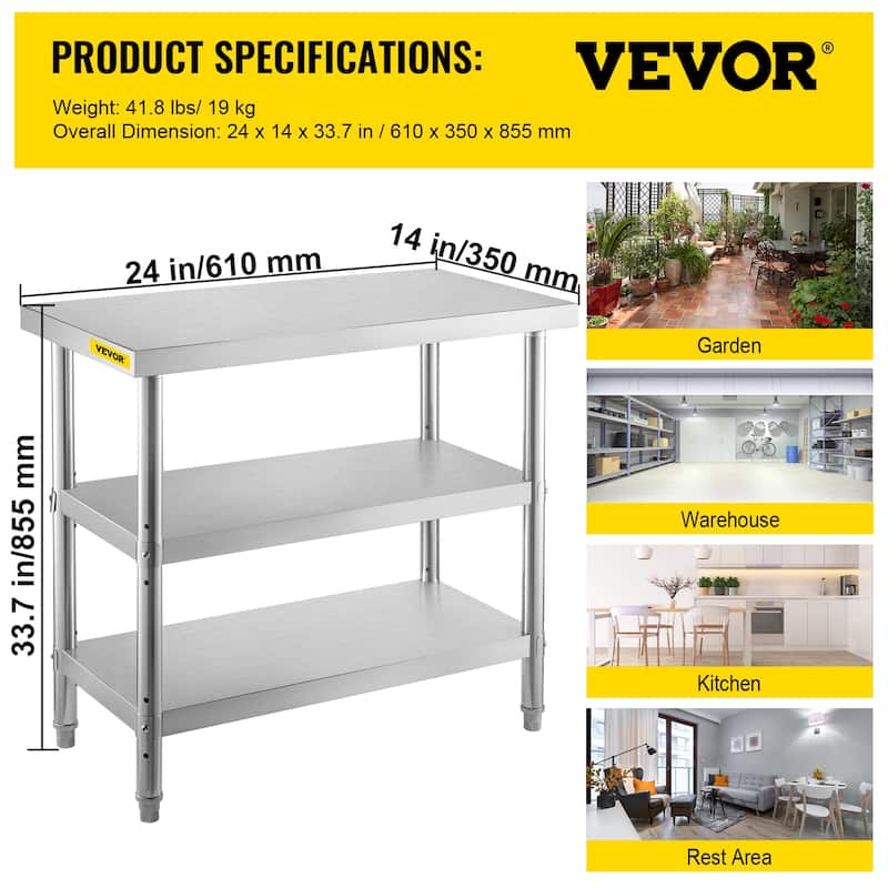 VEVOR Outdoor Food Prep Table Commercial Stainless Steel Table 2 Adjustable Undershelf BBQ Prep Table