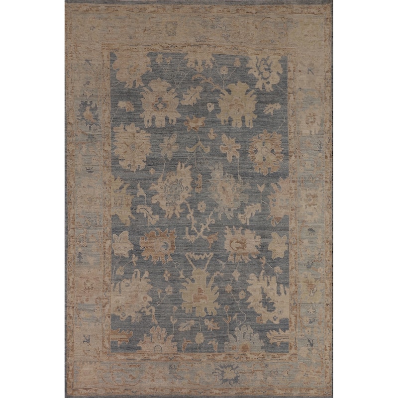 Vegetable Dye Blue Oushak Oriental Area Rug Hand-Knotted Wool Carpet - 6'2"x 8'9"