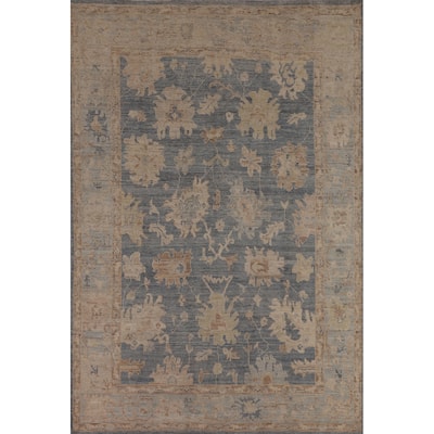 Vegetable Dye Blue Oushak Oriental Area Rug Hand-Knotted Wool Carpet - 6'2"x 8'9"