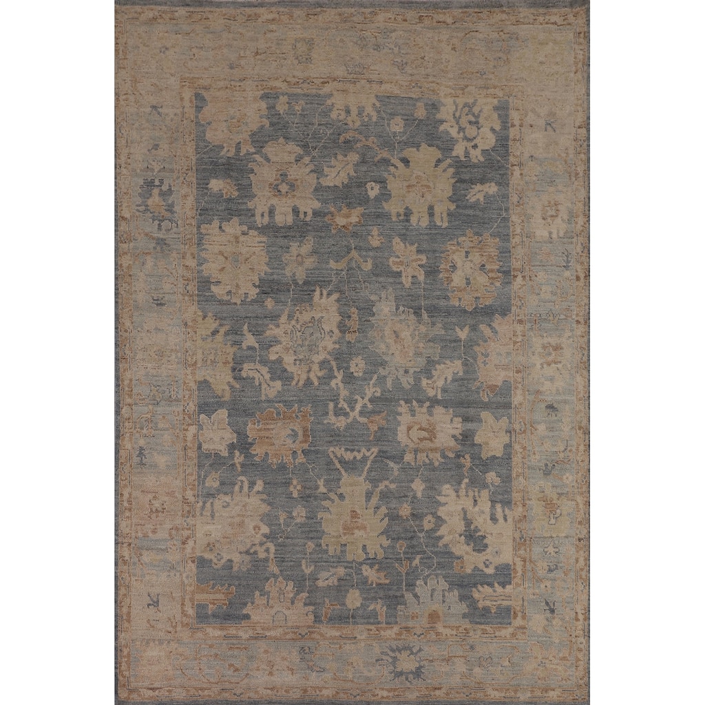 Vegetable Dye Blue Oushak Oriental Area Rug Hand-Knotted Wool Carpet - 6'2"x 8'9"