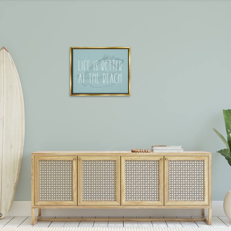Stupell Better at Beach with Shell Framed Floater Canvas Wall Art Design by Lil' Rue