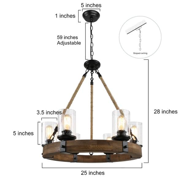 dimension image slide 1 of 4, Farmhouse 6-Light Wagon Wheel Wood Chandelier with Seeded Glass Shade for Dining Living Room