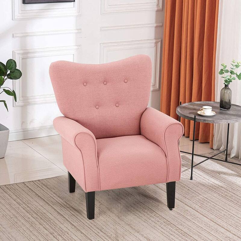 Erommy Wing back Arm Chair, Upholstered Fabric High Back Chair with Wood Legs - Solid - Pink