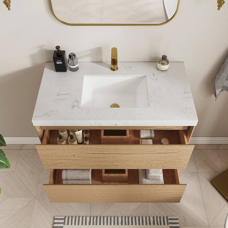 Sylphar 36 inch Bathroom Vanity with Sink, Floating Oak Cabinet with Stone Top