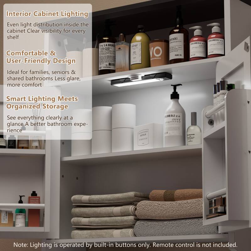 VECELO White Wall Mounted Cabinet with Adjustable LED Sensor Light Towel Bar Bathroom Kitchen Storage Organizer for Small Spaces