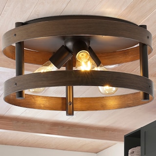 Paulina 16" 3-Light Farmhouse Industrial Iron LED Flush Mount, Brown Wood Finished/Oil Rubbed Bronze by JONATHAN  Y