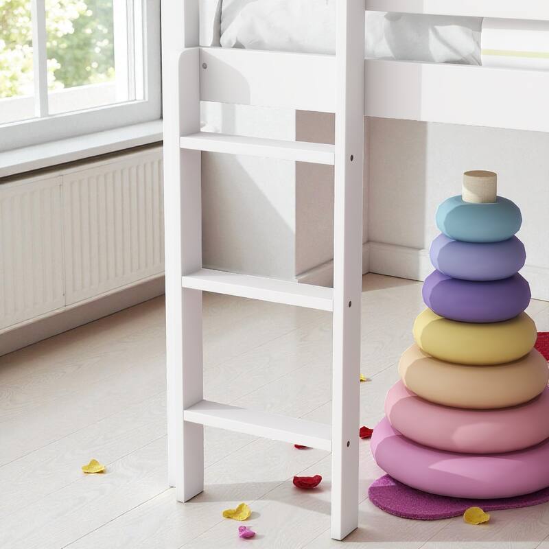 Twin Low Loft Bed with Slide and Ladder, Solid Rubber Wood Loft Bed with Guardrails and Underbed Play or Storage Space