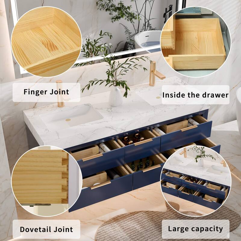 Modland 60" Modern Floating Bathroom Vanity with Double Sink, Soft-Close Drawers, White Stone Countertop