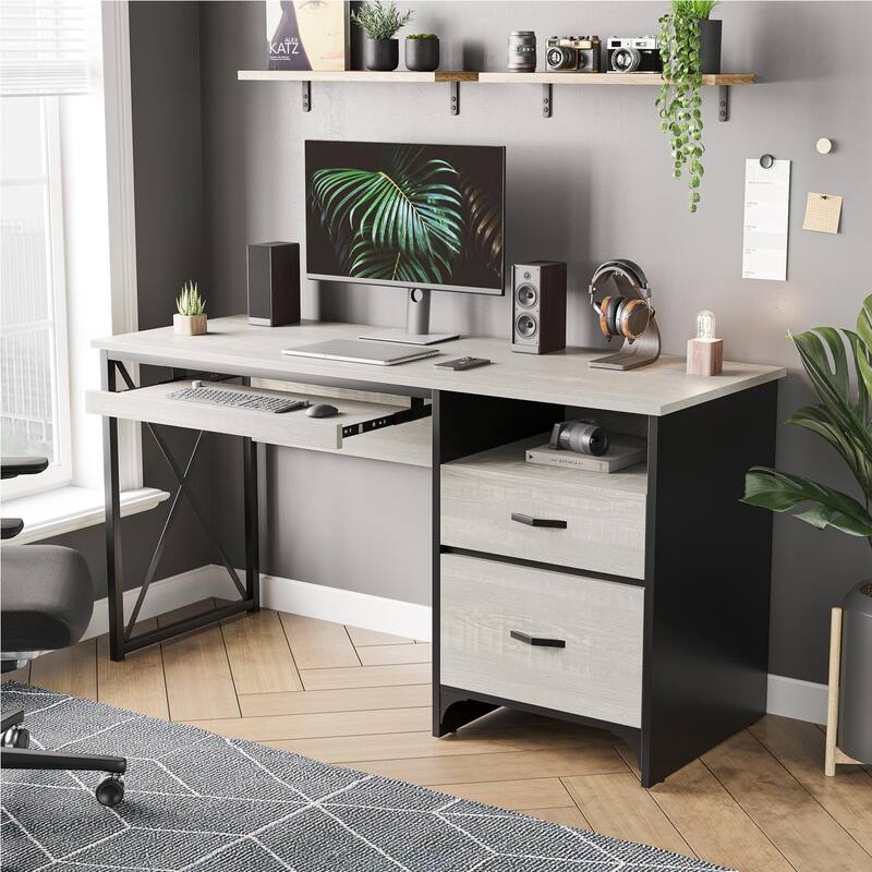 55 inch Computer Desk with Keyboard Tray and Storage Drawers