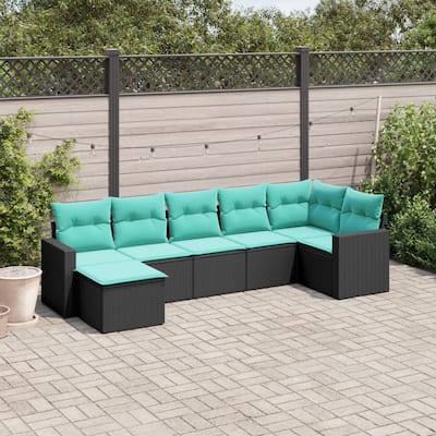 vidaXL 7/8 Piece Patio Sofa Set with Cushions Black Poly Rattan - 24.4" x 24.4" x 27.2"