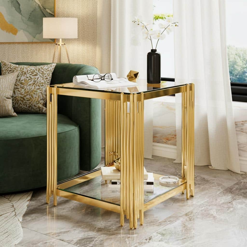 Square Gold & Glass End Table with 2-Tier Shelf and Sculptural Metal Frame by Harper&Bright Designs