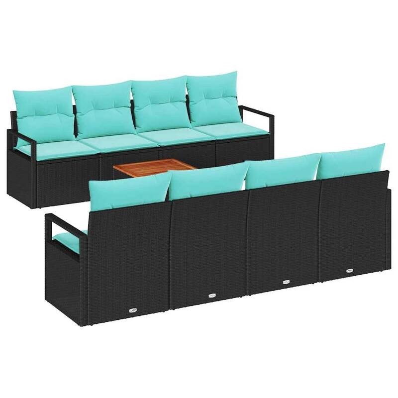 vidaXL 9 Piece Garden Sofa Set with Cushions Black Poly Rattan Acacia - 90.6×24.4×27.2