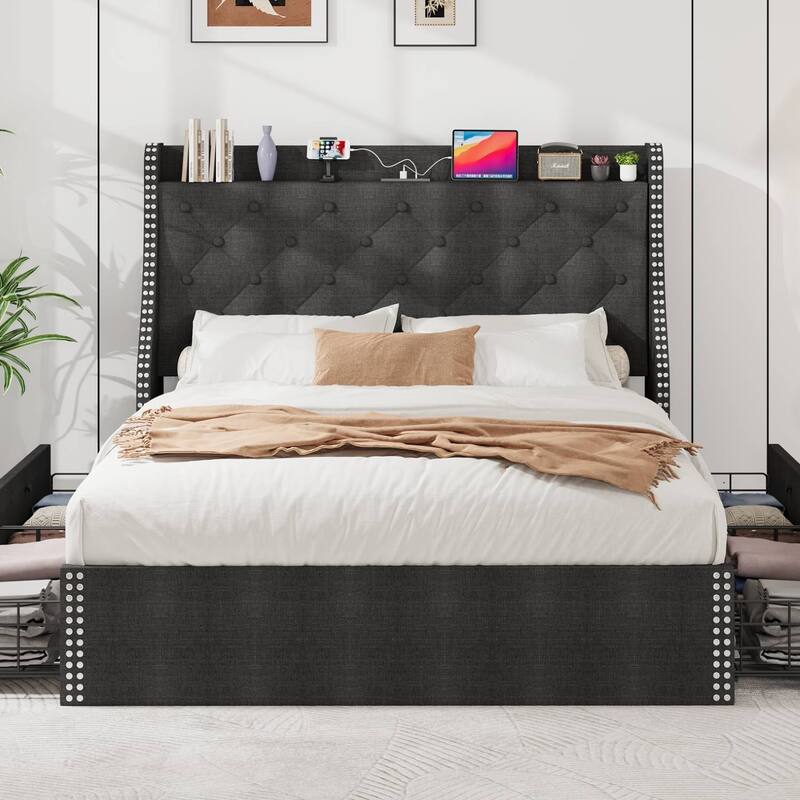 Bed Frame with 4 Storage Drawers and Headboard - Grey - Queen