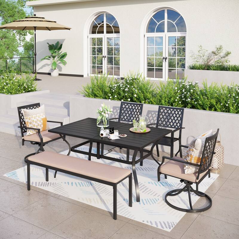 MAISON ARTS 6-Piece Patio Dining set with 1 Rectangle Steel Table, 2 Swivel Chairs, 2 Stackable Chairs and 1 Bench - Elegant Chairs