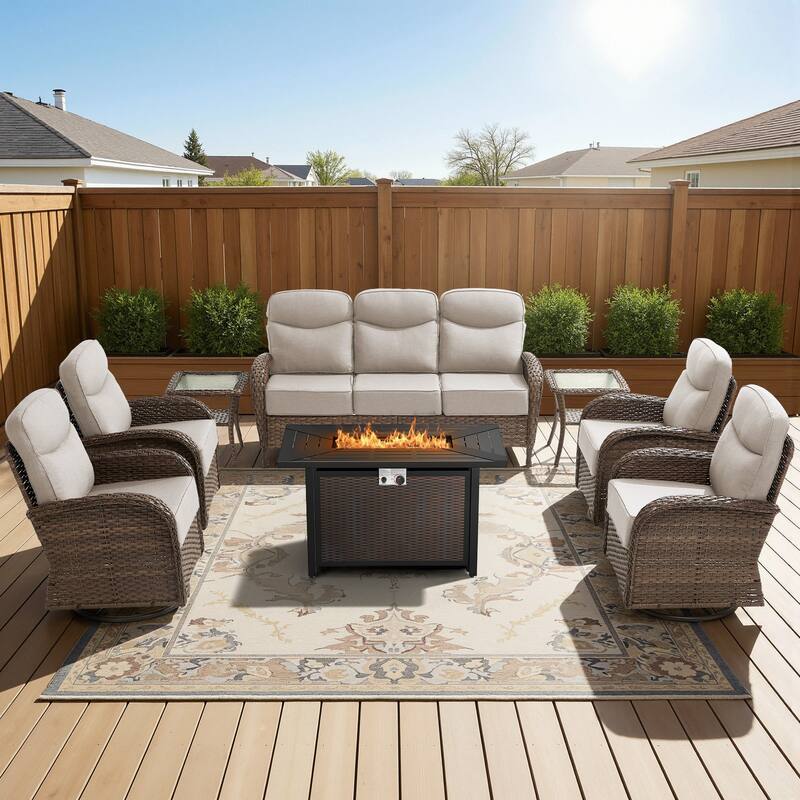 Luna 8-Piece Wicker Outdoor Patio Fire Pit Sofa Set with 6-Inch Thick Cushions - Beige Cushions - Brown Wicker