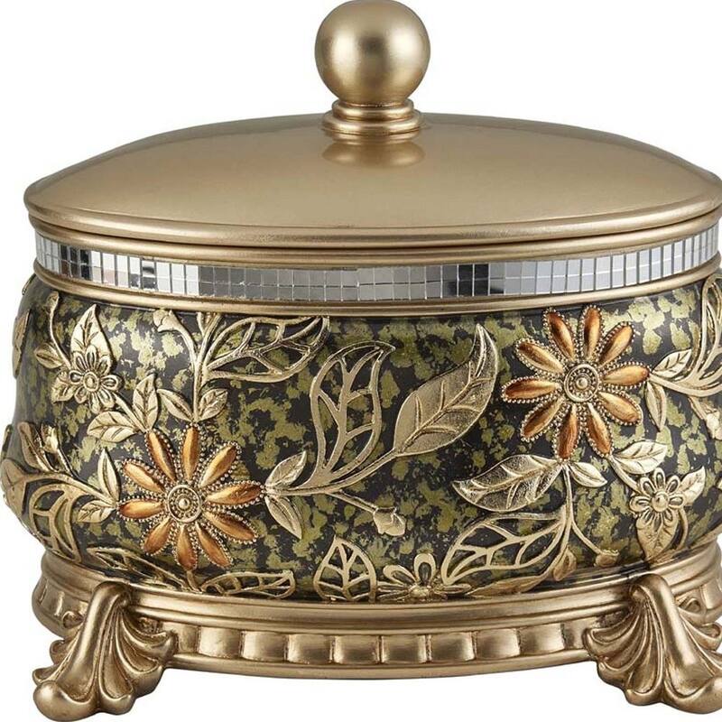 10" Gold Green And Silver Resin Floral Scroll Jewelry Box With Metal Accents