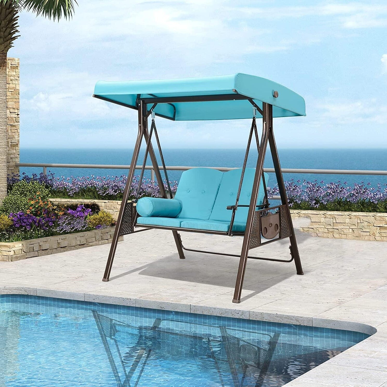 PURPLE LEAF Turquiose Blue Deluxe Outdoor Patio Porch Swing with Weather Resistant Steel Frame Cushions and Pillow Included