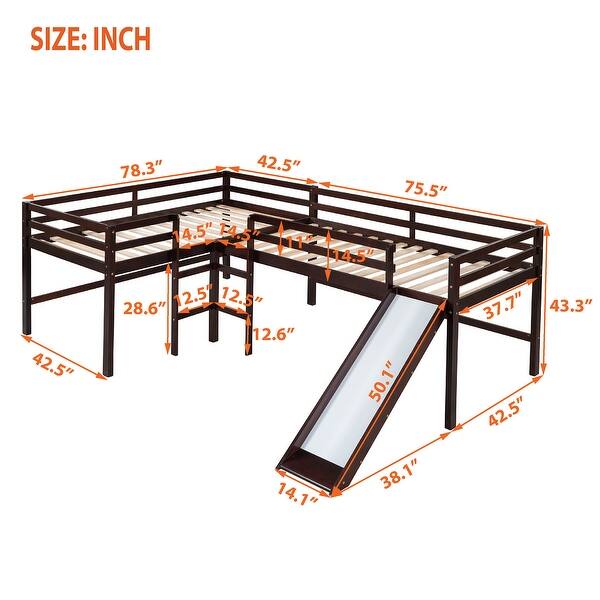 Twin Size Wood LShaped Low Loft Bed with Builtin Ladders, Slide and
