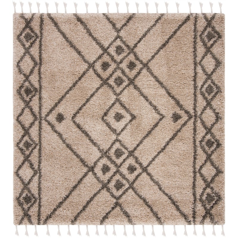 SAFAVIEH Moroccan Fringe Shag Ingeborg 2-inch Thick Rug - 6'7" Square - Mushroom/Grey