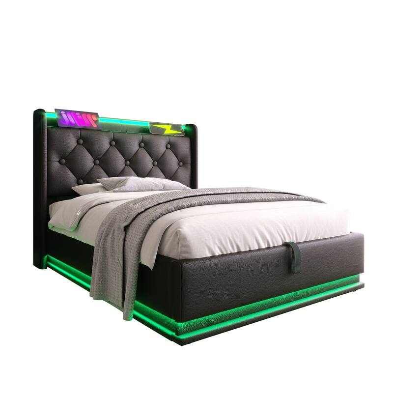 Metal Frame Storage Bed LED PU Upholstered Platform Bed, Twin