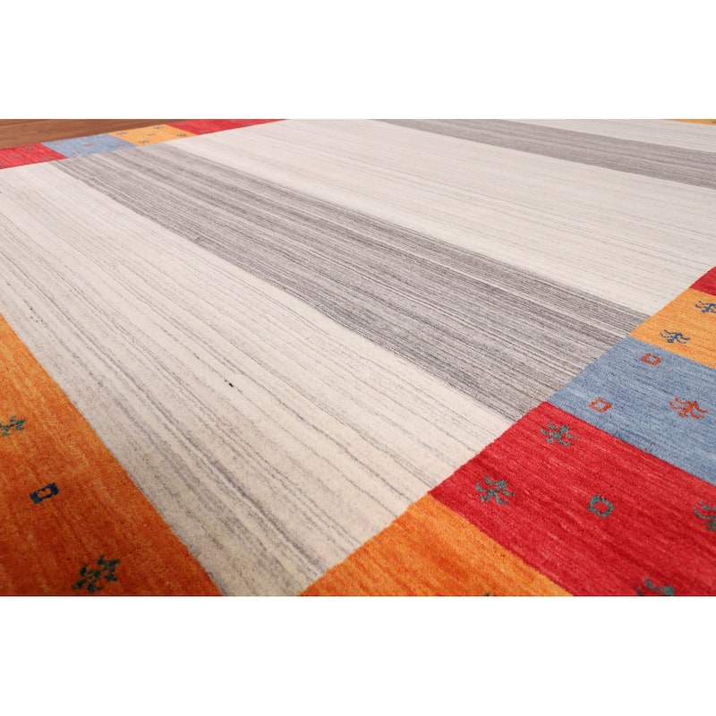 Modern Gabbeh Oriental Area Rug Hand-Knotted Beige Wool Carpet - 8'5" x 9'9"