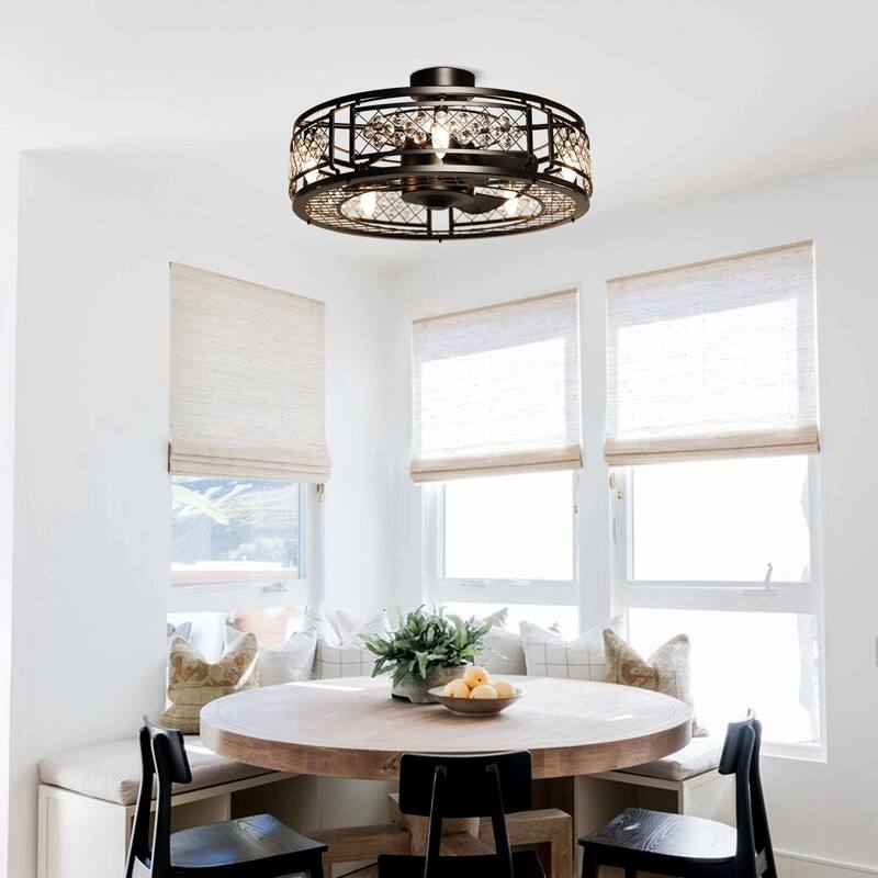27-in Modern Black 3-Blade Crystal Bladeless Caged Ceiling Fan with Remote and Light Kit - 27-in W x 12.5-in H