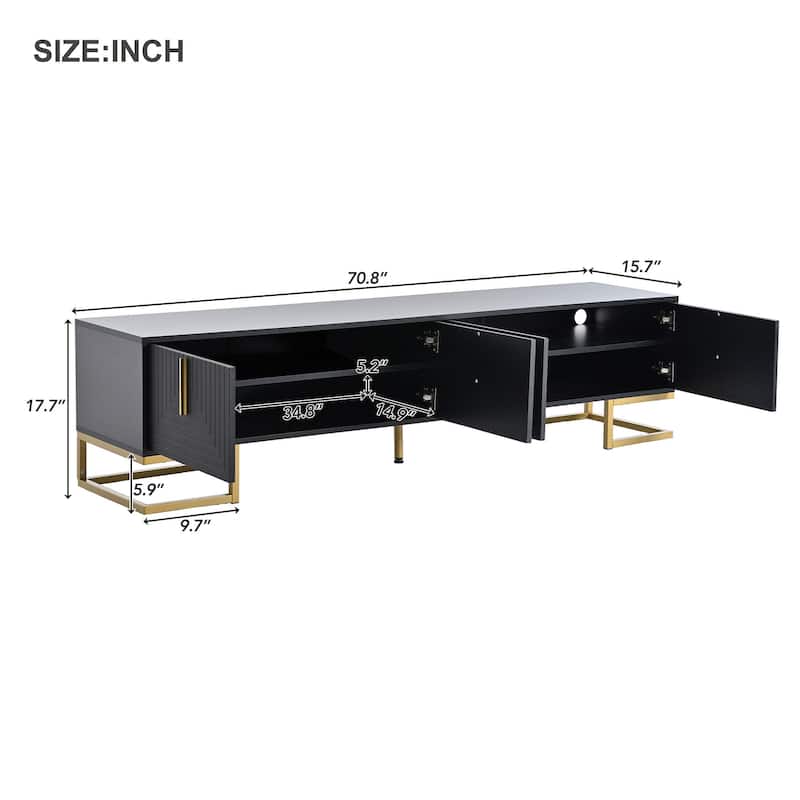 Black+Gold 70" TV Stand with Gold Handles & Adjustable Shelves for TVs Up to 80"