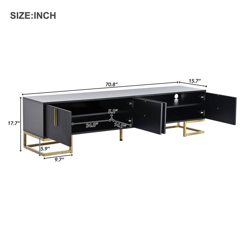 Geometric Lines TV Stand with Metal Legs, Gold Handles for TVs Up to 80", Wood Media Console Table w/ Cabinets for Home