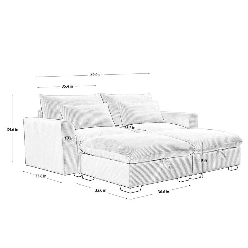 Corduroy Loveseat Sofa Couch with Storage Ottomans, Modern Sectional 2 Seater Sofa with Deep Seat, Pillows for Small Spaces