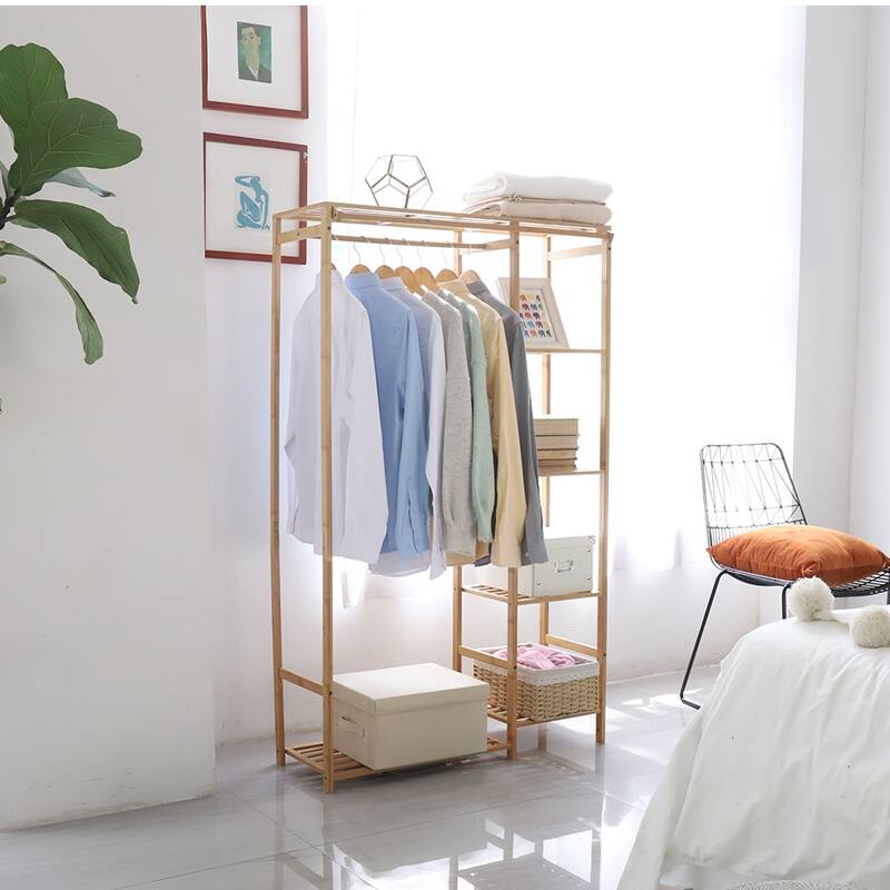Free-standing Garment Rack Closet Organizer Coat Hanging Stand - Natural Wood