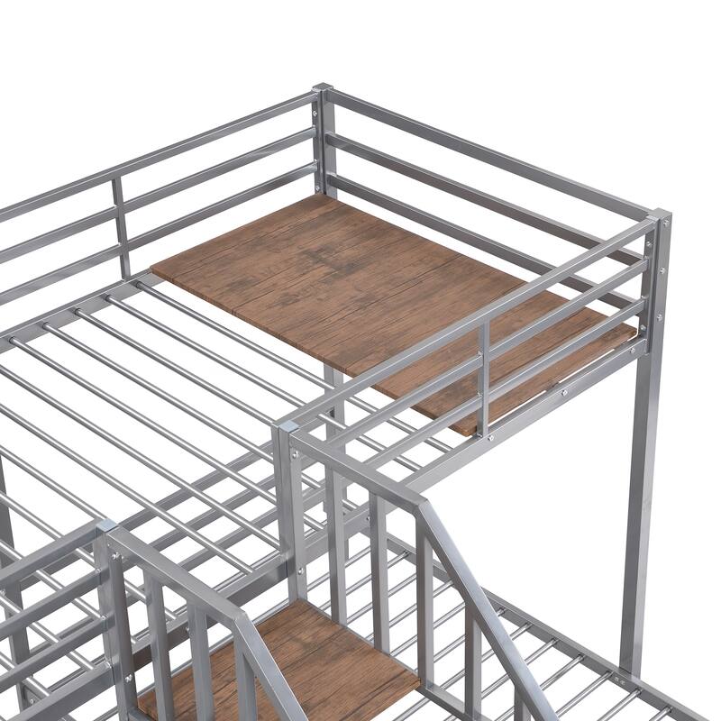 Twin over Twin & Twin Size Bunk Bed for 3 Kids, Metal Triple Bunk Bedframe with Storage Shelves Staircase, No Box Spring Needed