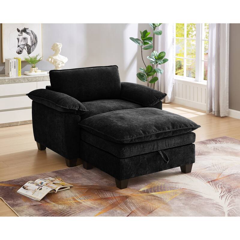 Cloud Lazy Chaise Lounge, Single Sofa Chair & Storage Ottoman Set of 2, Oversize Chenille Upholstered Lounge Sleeper Sofa