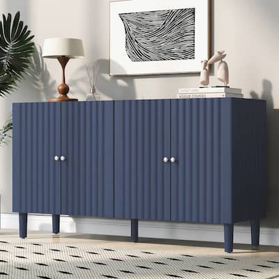 Navy Blue Buffet Sideboard Accent Cabinet with Cylindrical Legs, Wavy Pattern Doors Media Storage Cabinet TV Console Table