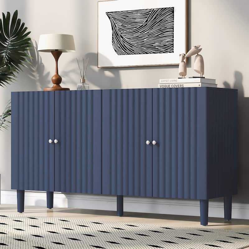 Rubber Wood 4 Door Sideboard with Wavy Pattern Doors and Cylindrical Legs, Storage Cabinet with Metal Door Handle