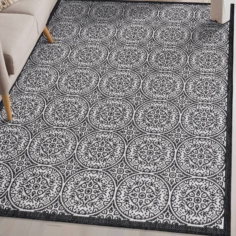 World Rug Gallery Transitional Floral Circles Textured Flat Weave Indoor/Outdoor Area Rug