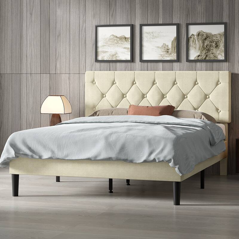 Upholstered Bed Frame, Button Tufted Platform Bed with Linen Headboard, No Box Spring Needed - Full