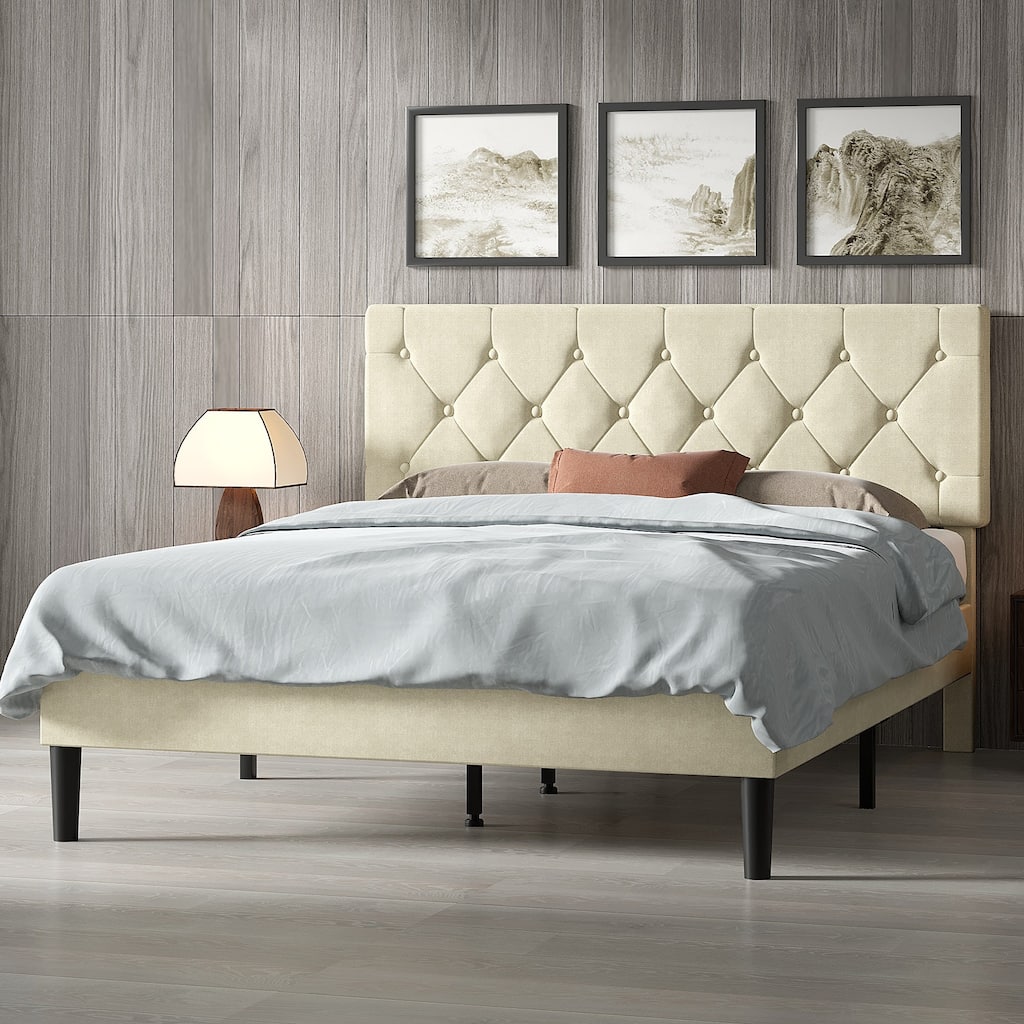 Beige Diamond Button Tufted Upholstered Bed with Linen Headboard No Box Spring Needed 7.87" Underbed Storage Center Support Leg