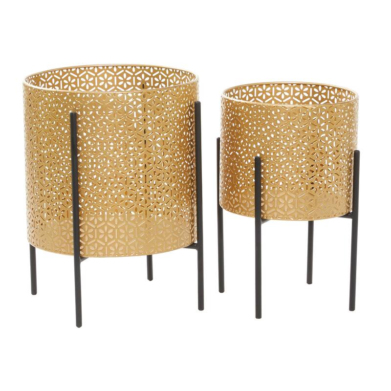 Gold or Black Iron Metal Contemporary Floral Pattern Planter (Set 2)