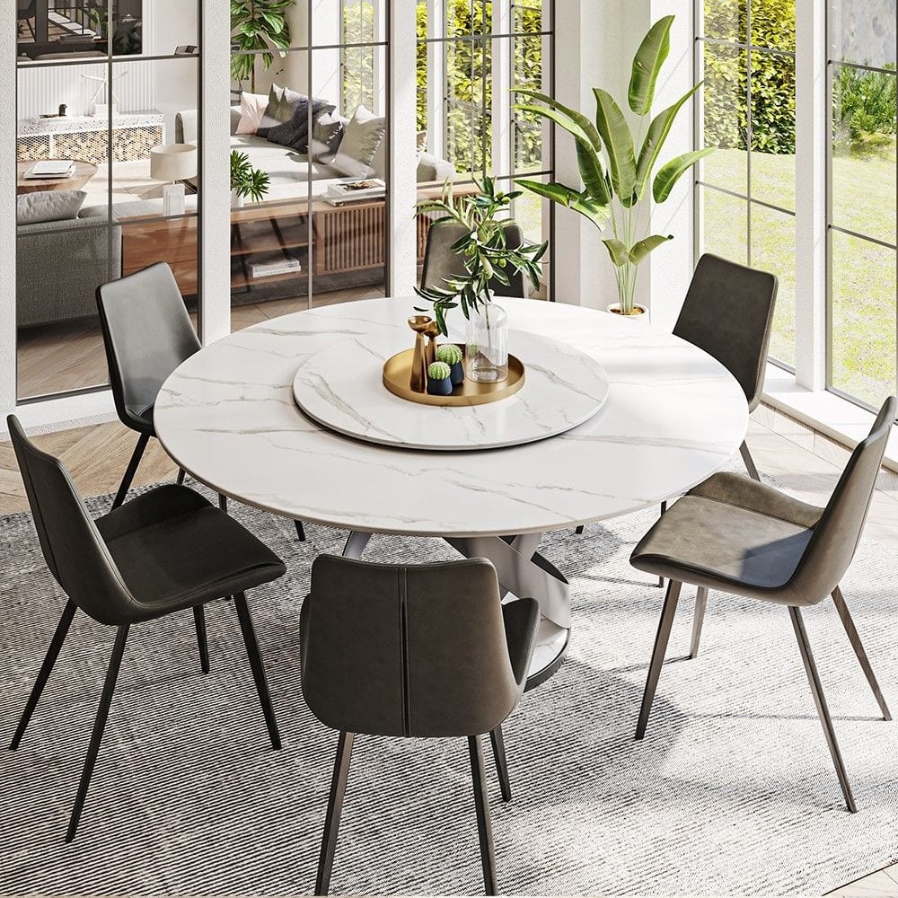 Modern Round White Glossy Dining Table with Sintered Stone Tabletop and Black X Carbon Steel Base
