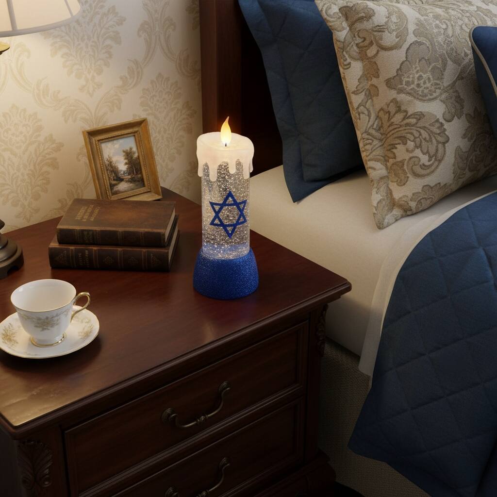 10" Blue And White Flameless Hanukkah Pillar Candle With Snow Globe