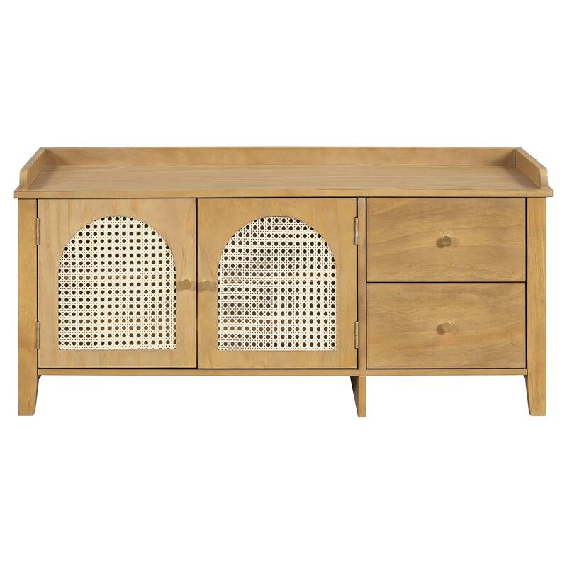 Storage Bench with Cushion,2 Drawers and Rattan Doors for Entryway
