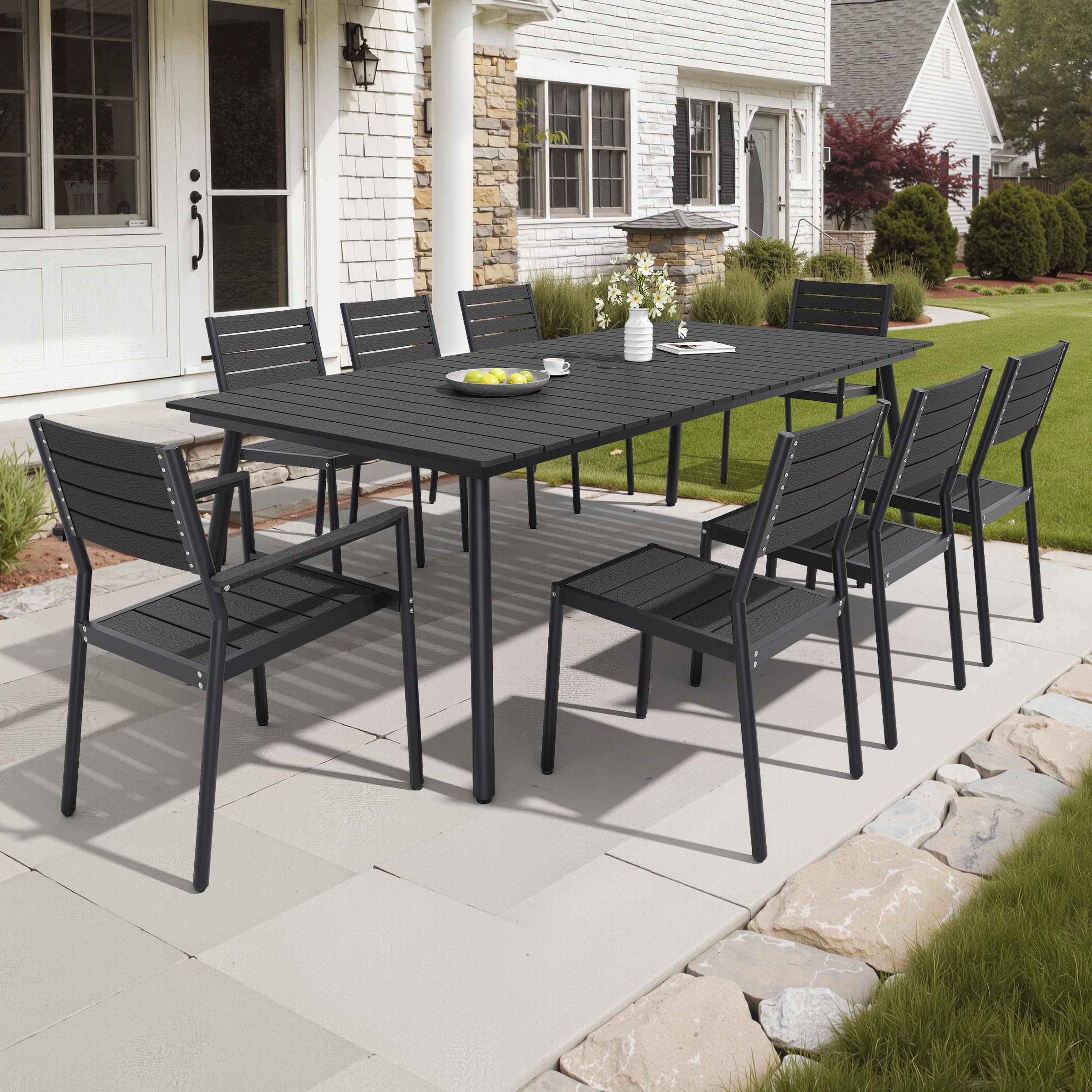 9-Piece Outdoor Patio Dining Set Wood-Like Table Top Aluminum Umbrella Hole Table with Stackable Dining Chairs