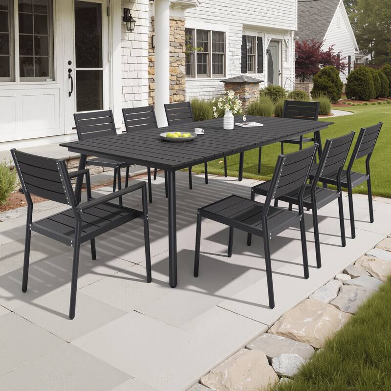 9-Piece Outdoor Patio Dining Set Wood-Like Table Top Alumium Umbrella Hole Table with Stackable Dining Chairs - Black