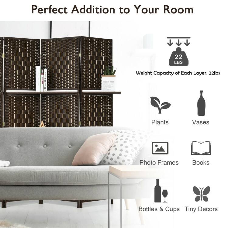 6 Panel Folding Weave Fiber Multipurpose Room Divider with 2 Display Shelves - 95" x 71" (L x H)