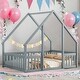 preview thumbnail 1 of 32, Full Wood House-Shaped Floor Bed with Fence, Guardrails Platform Bed House Bed Grey