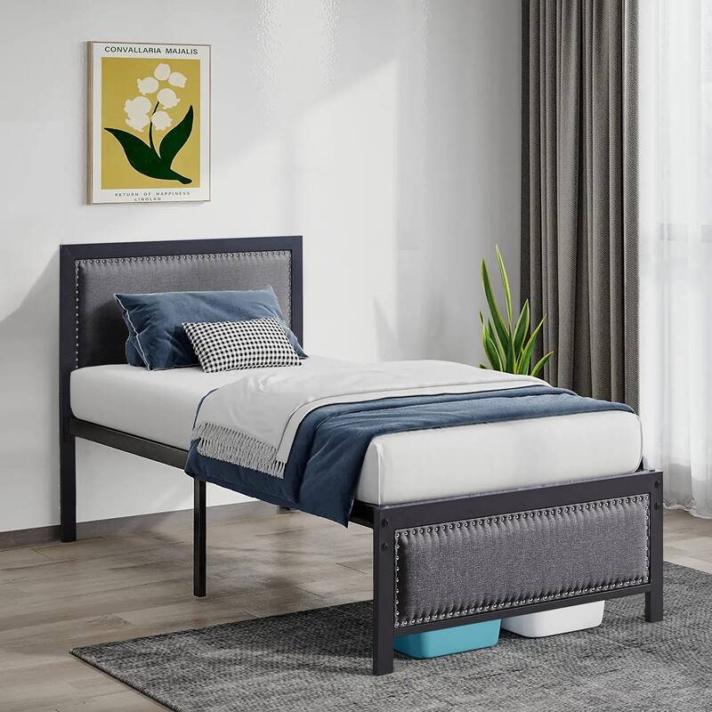 2 Pack Twin Upholstered Bed Set 40" Wide Bed with Nailhead Trim 12.6" Underbed Space & Padded Headboard Footboard