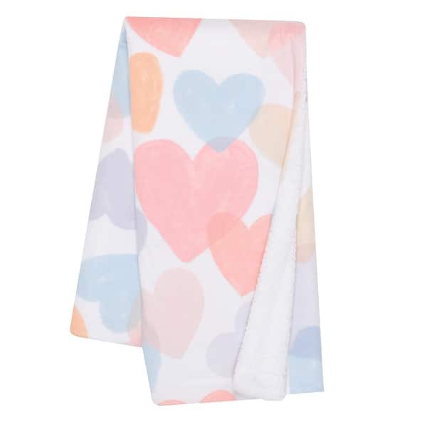 slide 2 of 9, Bedtime Originals Rainbow Hearts White/Pink/Purple Soft Fleece Baby Blanket