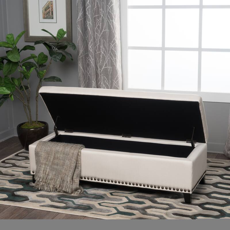 Roomfitters Upholstered Storage Ottoman Bench with Nailhead Trim, Entryway or Bedroom Seating, Beige