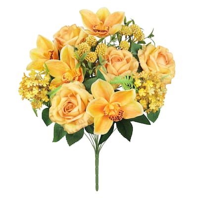 Set of 2 Honey Yellow Artificial Mixed Rose Cymbidium Orchid Snowball Flower Stem Bush Bouquet 19in - 19" L x 12" W x 12" DP